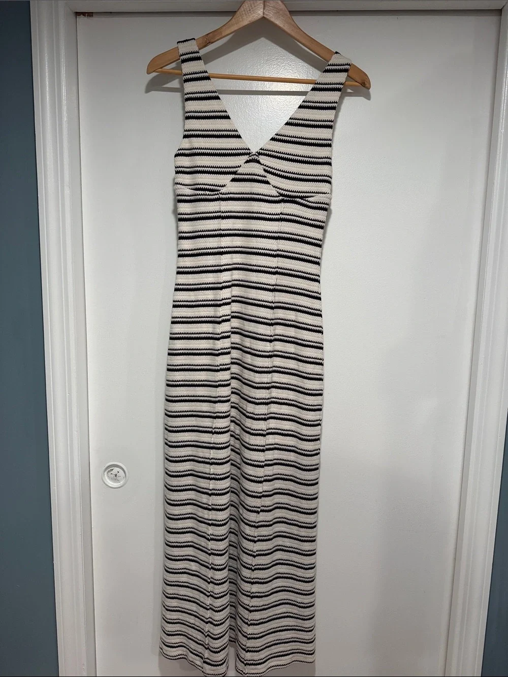 Striped Knit V-Neck Maxi Dress in Cream and Black universal thread XS